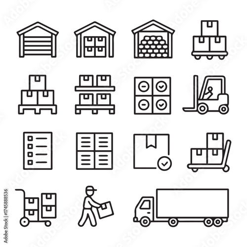 logistics and supplychain vector icons warehouse storage shelving pallet packing shipping delivery operations set