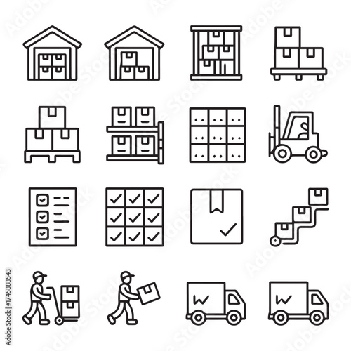 inventory control warehouse icons forklift pallet packages shelving delivery truck material handling line art