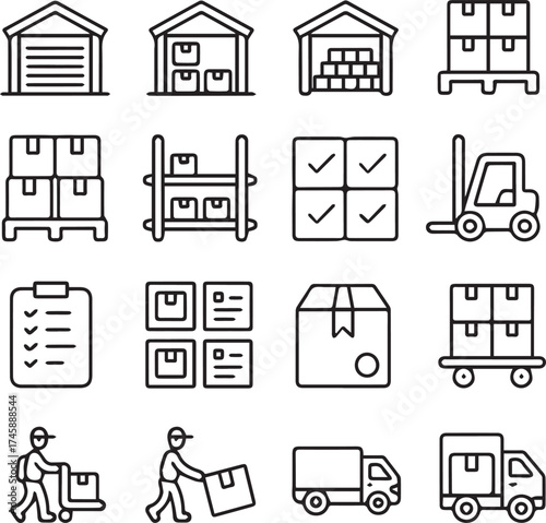 warehouse operations and distribution icon pack boxes pallet cart checklist loading dock shipping vector set