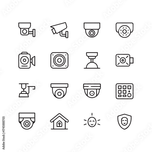 security surveillance icons set with cctv cameras, alarm, biometric recognition and monitoring system symbols