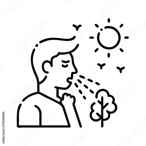Man coughing due to allergies in sunny outdoor environment  