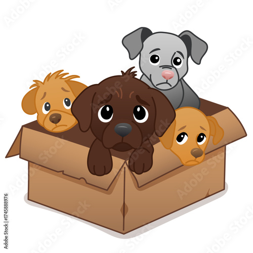 Sad puppies in cardboard box waiting for adoption, cute cartoon vector illustration of abandoned dogs in shelter theme