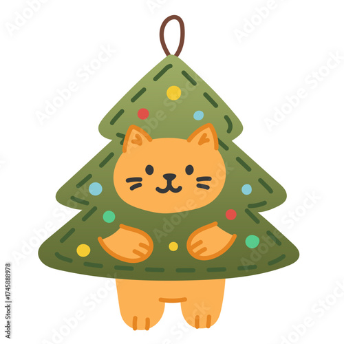 Christmas tree ornament with cute orange cat, festive cartoon decoration in flat vector style