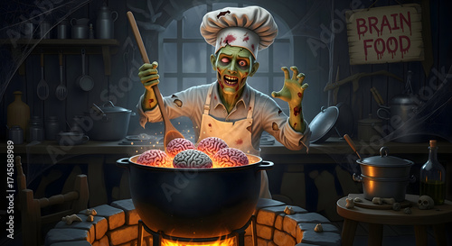Zombie chef cooking brain food in a spooky kitchen, perfect for halloween themed designs and horror related projects