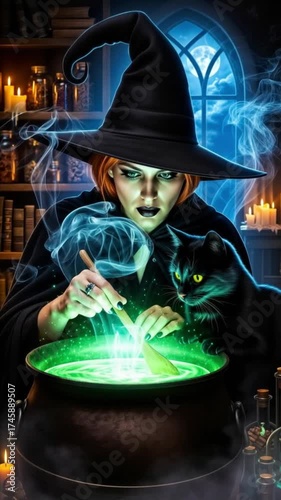 Witch Stirring Green Potion in Cauldron with Her Black  Cat  Companion Watching  