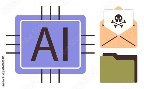 AI circuitry highlights cybersecurity concerns, featuring a malware email and secure folder icon. Ideal for technology, cybercrime, security risks, digital protection, AI ethics, online safety