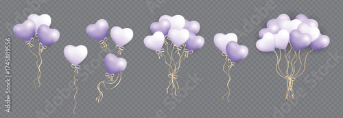 Realistic heart shaped purple air balloons set isolated on transparent background. Bunch of pastel helium balloons. Set of One, two, three, six and nine 3D heart shaped air balloons