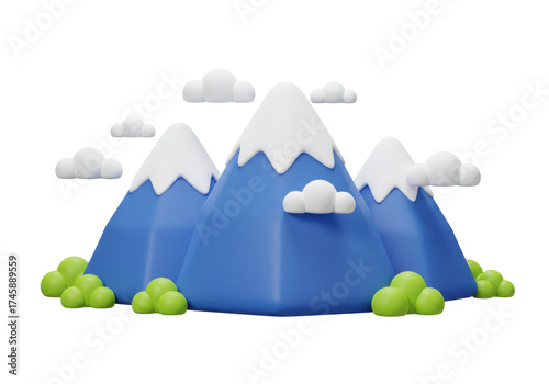 Photography Stylized mountain range with snow caps isolated on transparent background, 3D re