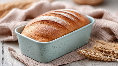Freshly baked artisanal bread resting in a speckled teal loaf pan on a soft beige cloth, surrounded by golden wheat stalks.