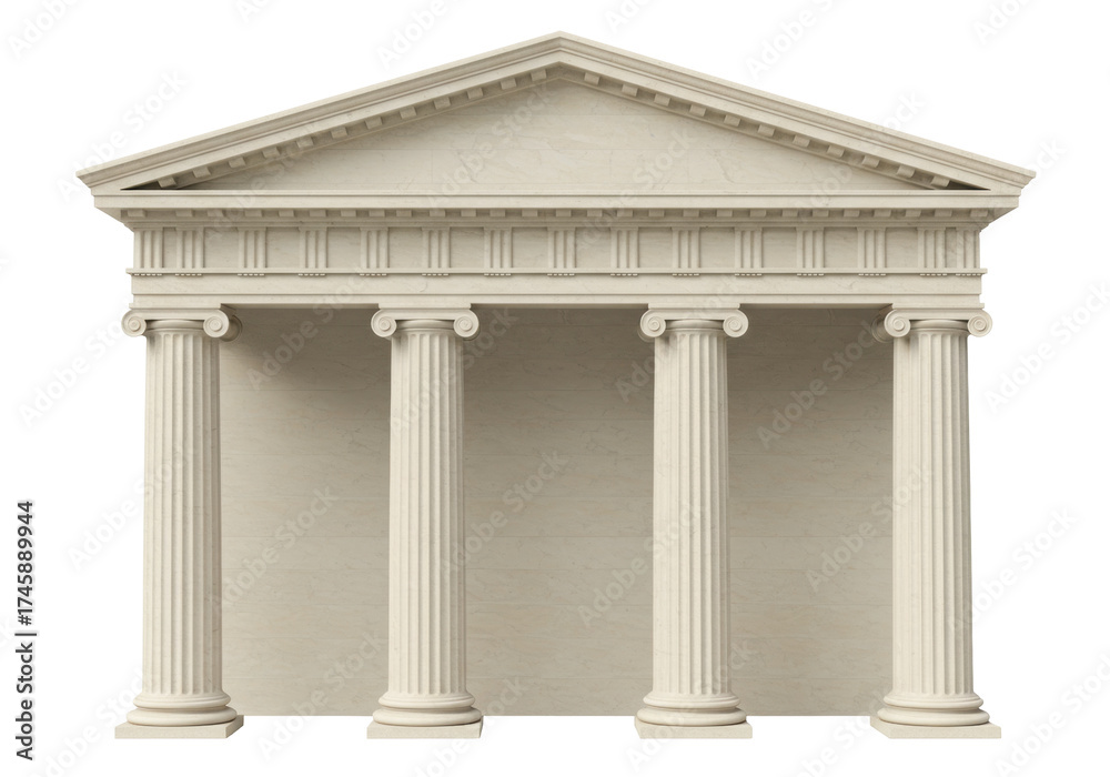 Fototapeta premium Classical Greek temple facade isolated, architectural design with columns and pediment in stone, ancient building structure