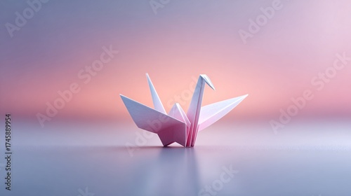 Stylish pink origami swan gracefully poised against a soft pastel gradient backdrop.
