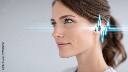 Thoughtful woman with digital soundwave visualization near her ear in a modern setting
