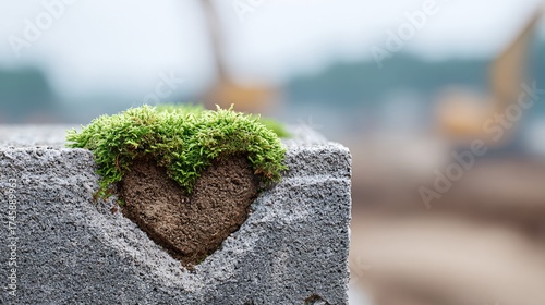 Symbol of resilience: heart-shaped moss growing on a concrete block in an industrial setting