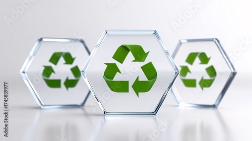 Three hexagonal glass recycling symbols reflecting eco-conscious design in a pristine setting