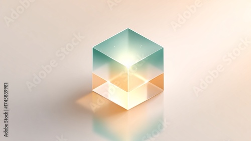 Translucent geometric cube illuminated by soft light against a minimalist background