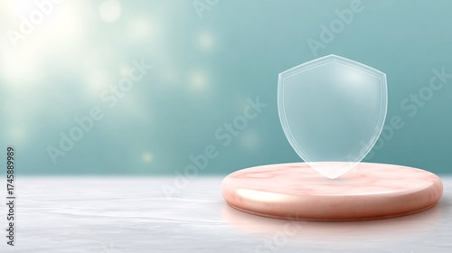 Transparent shield placed on a polished pink marble pedestal against a soft turquoise background with blurred highlights.