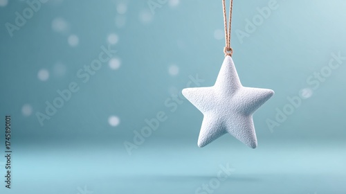 Delicate white star ornament hanging against a soft blue background with subtle bokeh effect.