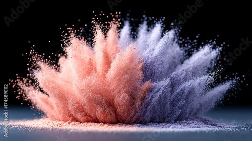 Dynamic explosion of colorful powder particles creating a mesmerizing artistic effect against a black backdrop