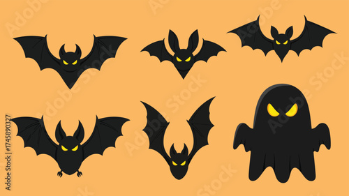 Halloween silhouettes: Bats and ghost spooky vector illustration.