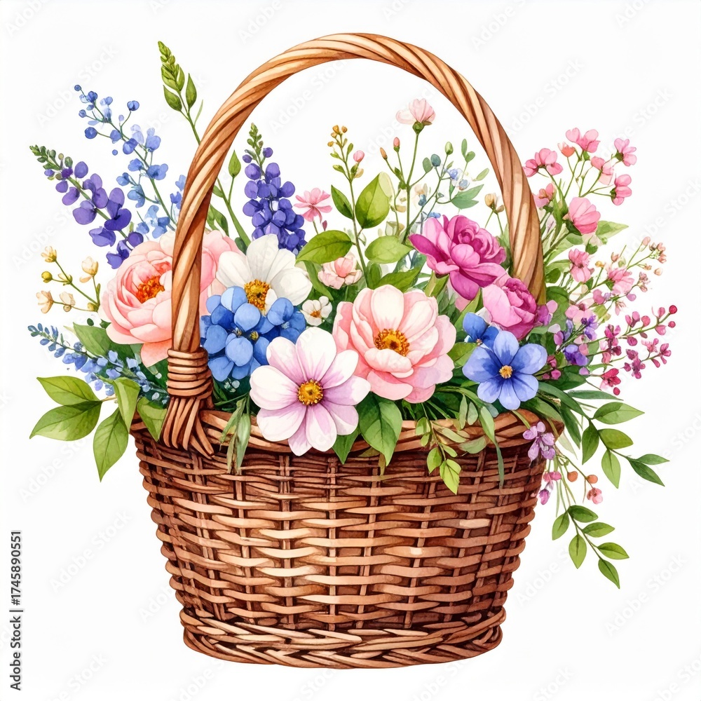Obraz premium Floral Basket Arrangement with Roses and Assorted Flowers on White Background