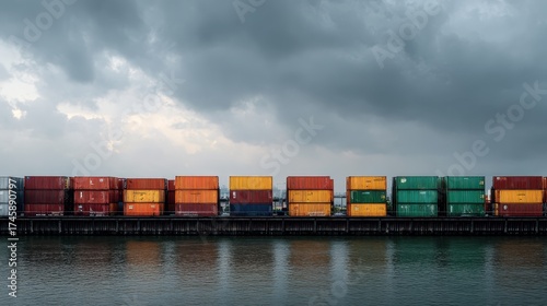 Wallpaper Mural Colorful shipping containers stacked in long rows along a port dock, mirrored in calm water to illustrate global logistics, freight transport and international trade networks Torontodigital.ca