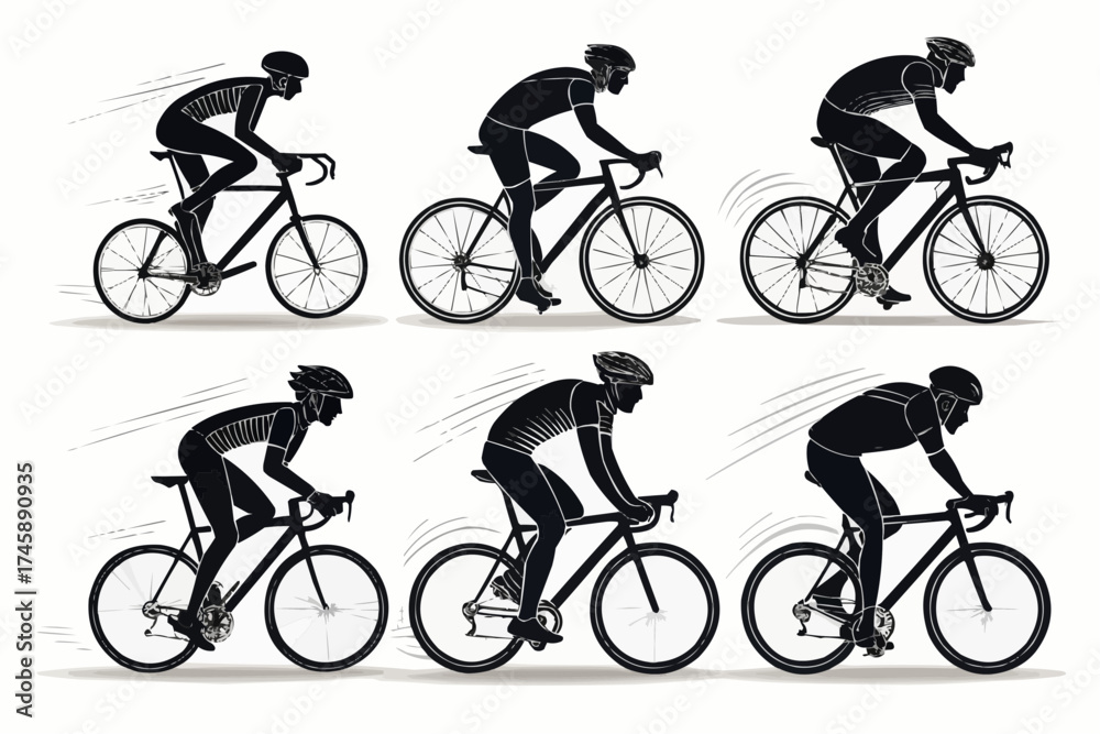 Obraz premium Silhouette illustration showing a cyclist riding a bicycle in different positions and with speed lines
