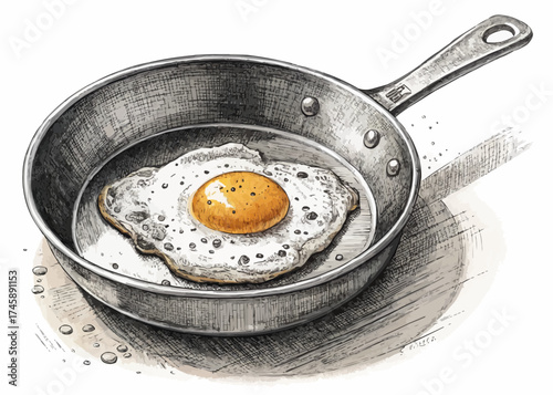 A sunny side up egg cooking in a silver frying pan with a handle and rivets on a white background art