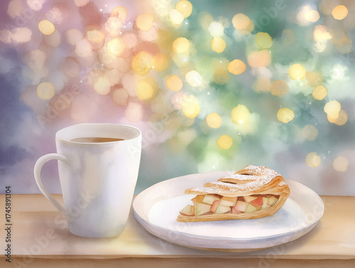 Watercolour Coffee Mug and Apple Strudel on Desk with Christmas Office Background
