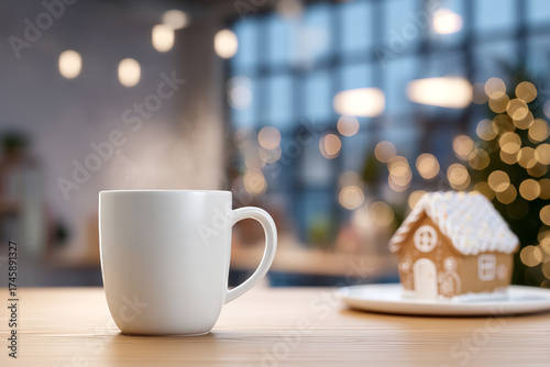 White Coffee Mug and Gingerbread House on Office with Christmas Decor