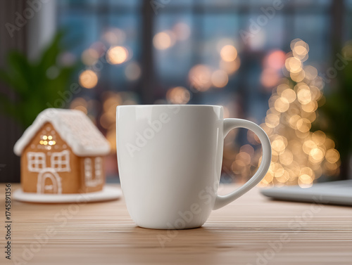 White Coffee Mug and Gingerbread House on Office Desk with Christmas Decor