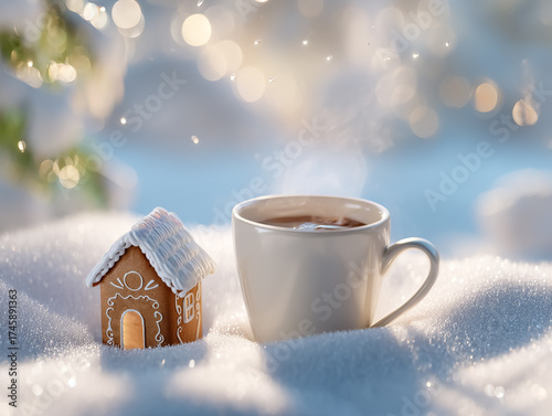 White Coffee Mug and Gingerbread House on Snow in Winter Sunlight