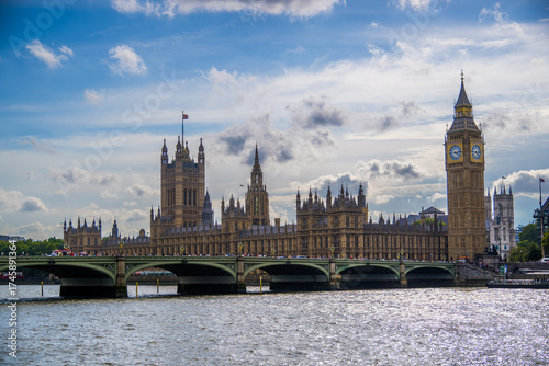 The Palace of Westminster, Westminster Bridge and Big Ben in London, England.