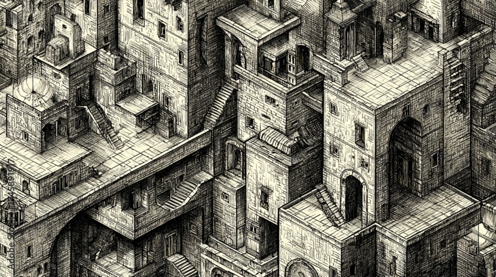 Fototapeta premium Detailed Pen and Ink Sketch of an Ancient Labyrinthine Cityscape.
