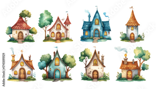 Charming Watercolor Fairytale Village Collection Adorable Fantasy Houses Cottages with Trees