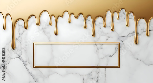 Golden paint dripping on white marble background with a golden frame in the center, perfect for adding your own text or image