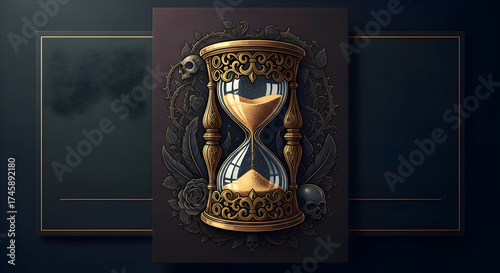 Ornate hourglass with skull and floral elements, perfect for gothic or steampunk themed designs, isolated on white background