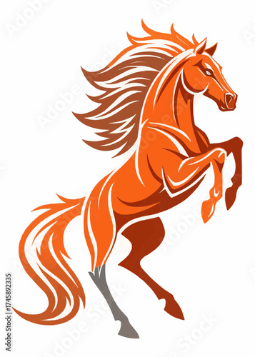 Illustration of an orange horse rearing up with a flowing mane and tail on a white background view