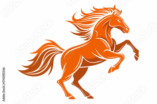 Illustration of a vibrant orange horse rearing up on its hind legs with flowing mane and tail design art