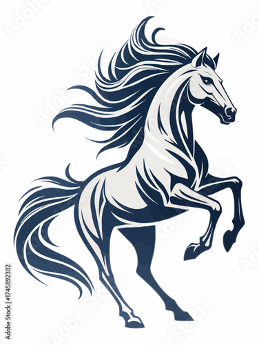 Illustration of a rearing horse with a flowing mane and tail in navy and white on a white background