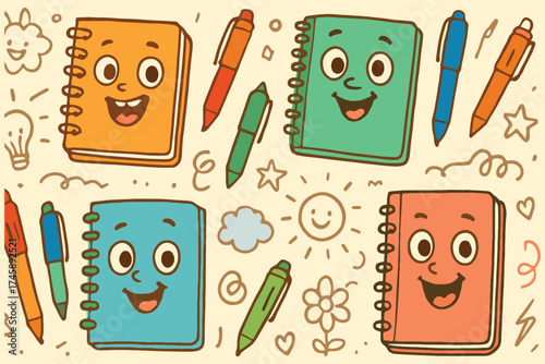 Four cute cartoon notebooks with smiling faces and pens surrounded by doodle elements