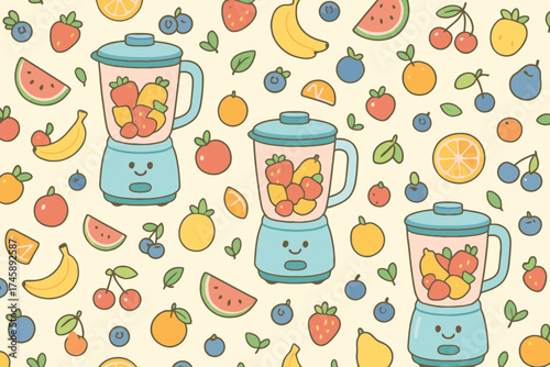 Cute cartoon blender with fresh fruits and berries seamless pattern background