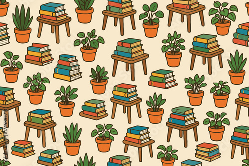 Cozy seamless pattern of stacked books and potted houseplants on small wooden stands