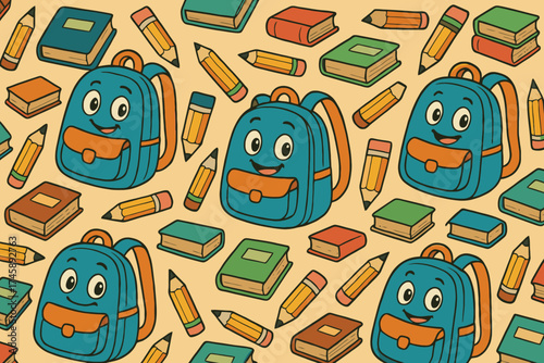 Cute cartoon blue backpacks and school supplies seamless pattern for children s education and back to school themes