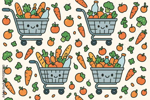 Cute kawaii shopping carts filled with fresh fruits and vegetables for healthy eating