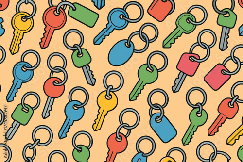 Seamless pattern of colorful vintage style keys and keychains on a textured background