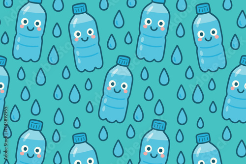 Cute cartoon water bottles with happy faces and raindrops pattern on a teal background
