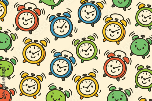 Whimsical cartoon alarm clocks with happy faces in a repeating pattern