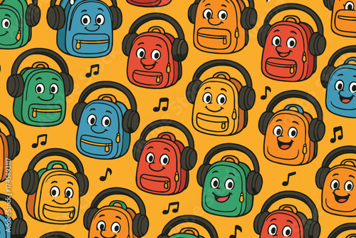 Seamless pattern of colorful cartoon backpacks wearing headphones and listening to music