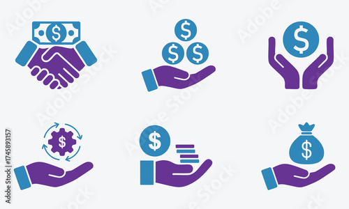 set of hand icons. Collection of Six Finance Related Icons Depicting Money Transactions and Investments
