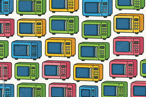 Retro kitchen appliances pattern of colorful cartoon microwaves in a repeating design